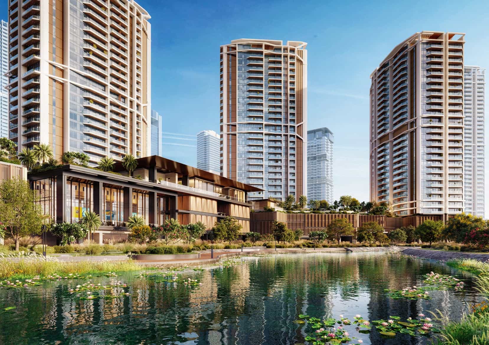 Vizuelizacija projekta Eltiera Views developera Ellington Properties na Jumeirah Islands: kule i klub uz jezero