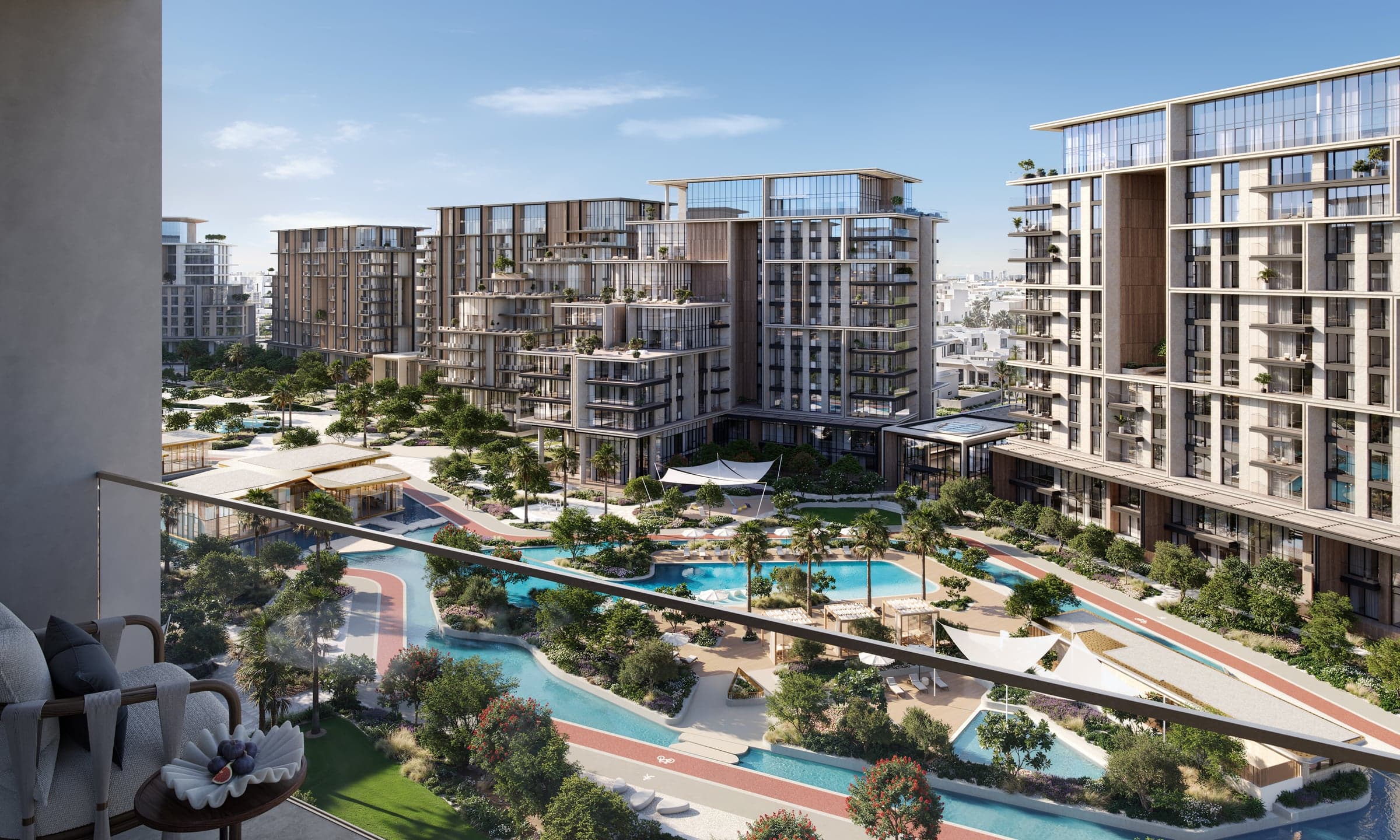 Pogled sa balkona na bazene, paviljone i stazu za trčanje između zgrada projekta City Walk Crestlane (vizuelizacija)
