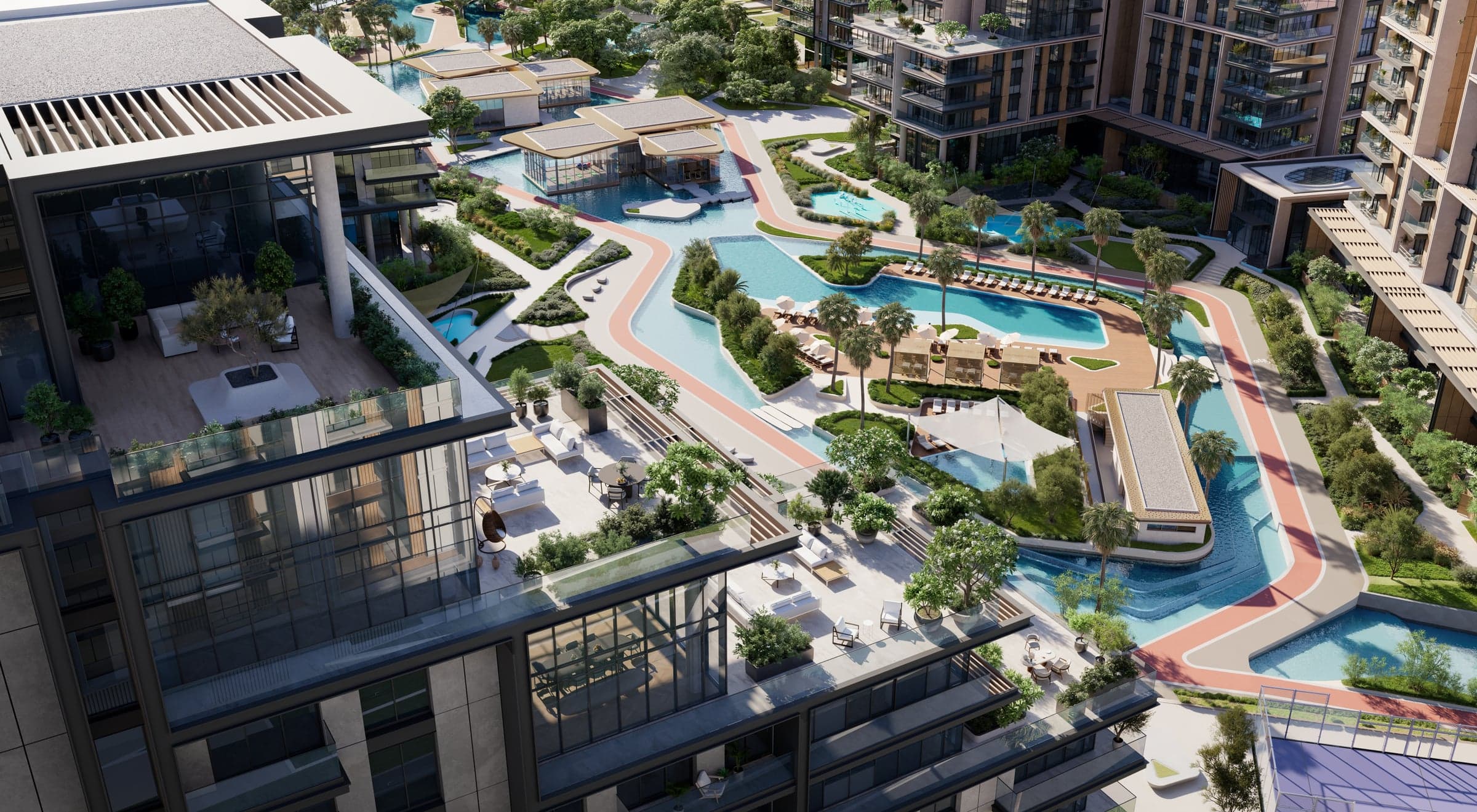 Pogled odozgo na vijugave bazene, vrtove i stazu za trčanje u projektu City Walk Crestlane (vizuelizacija)
