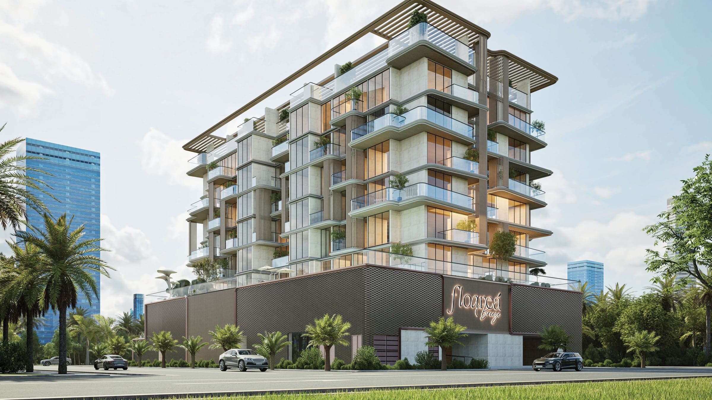 Vizuelizacija projekta Floarea Breeze developera Mashriq Elite Developments na Dubai Islands: zgrada sa staklenim balkonima