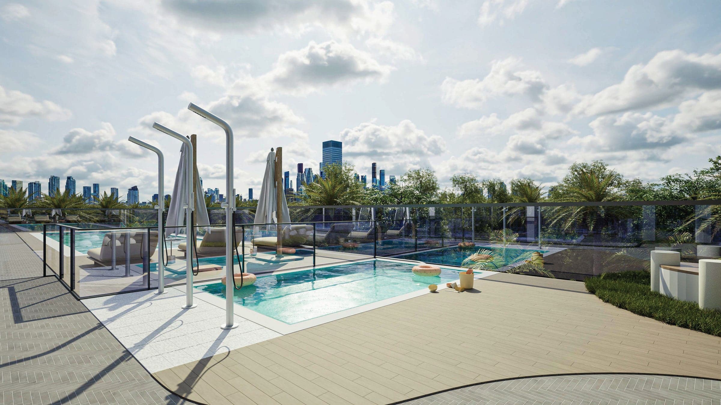 Mali bazen sa obručima za plivanje, tuševi pored njega i ležaljke u projektu Floarea Breeze (vizuelizacija)