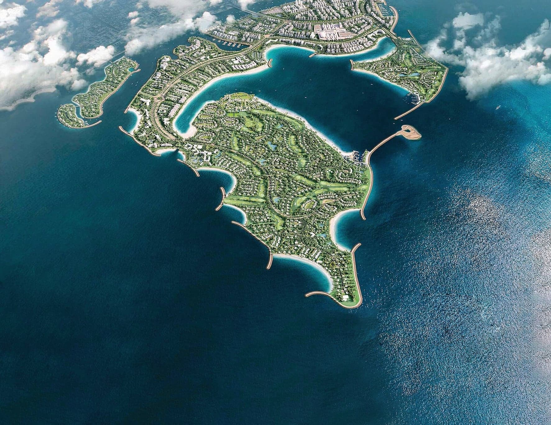 Dubai Islands iz vazduha: ostrva sa plažama, zelenim površinama i marinama (vizuelizacija)