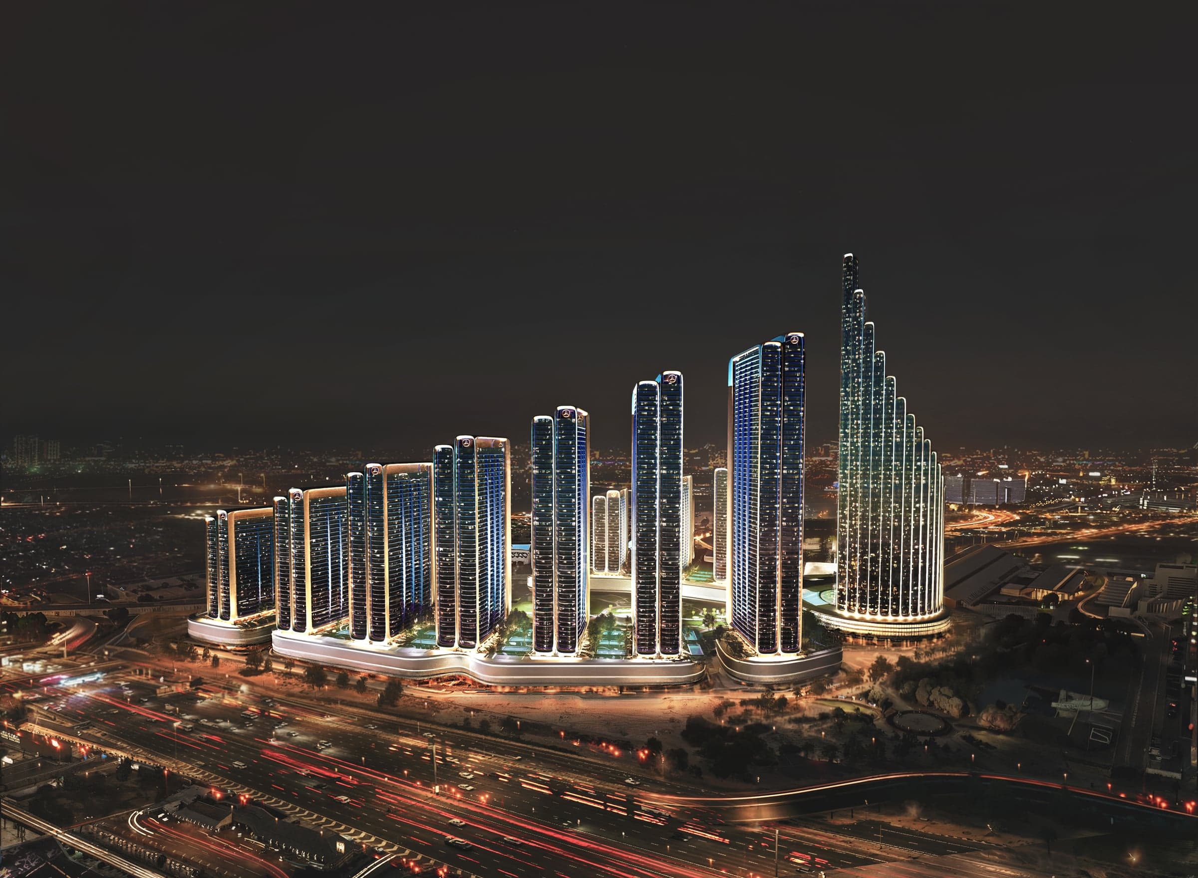 Vizuelizacija naselja Mercedes-Benz Places | Binghatti City developera Binghatti u Meydanu, delu Nad Al Shebe: kule noću