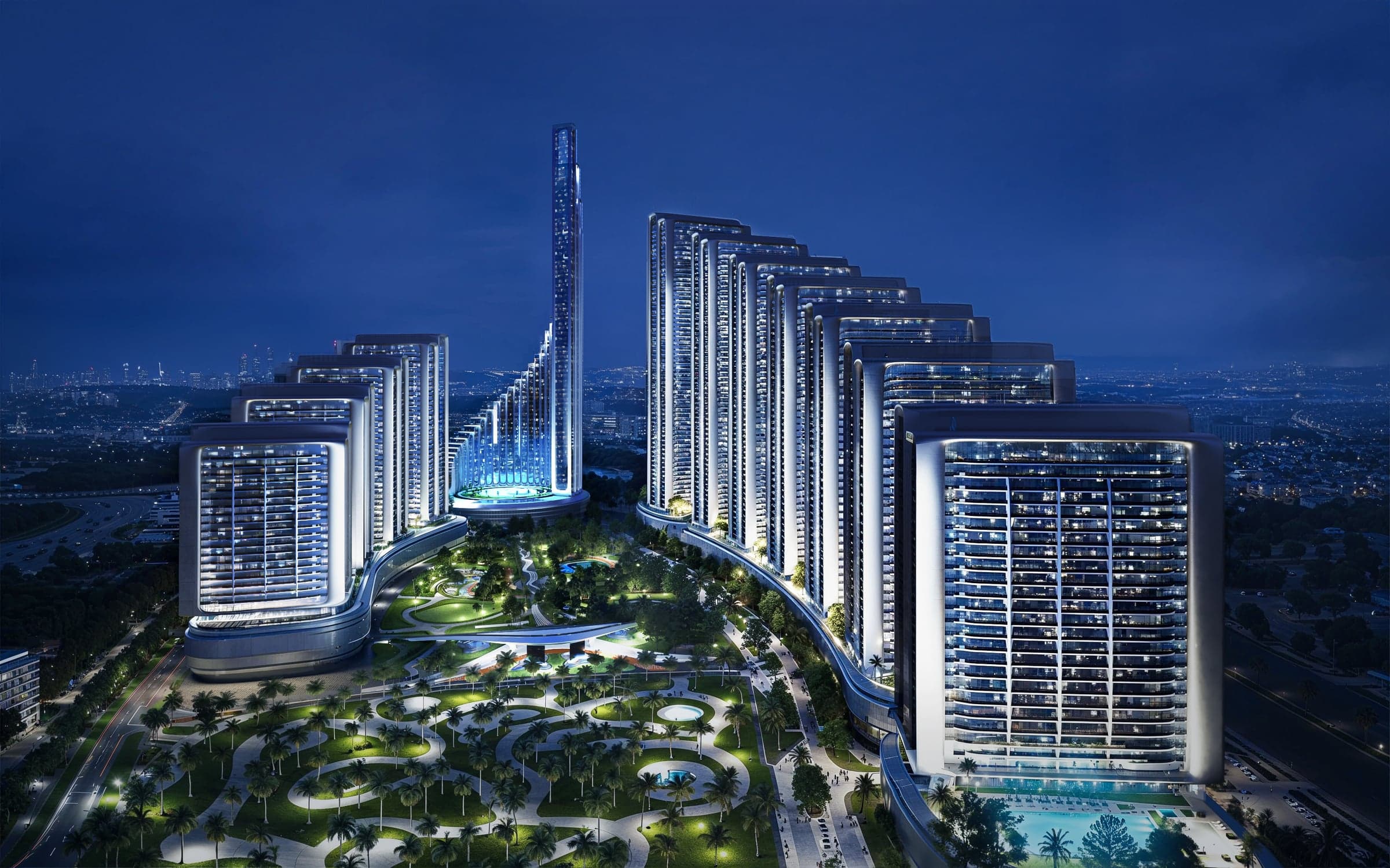 Park Grand Promenade među kulama projekta Binghatti City u sumrak, pogled iz vazduha (vizuelizacija)