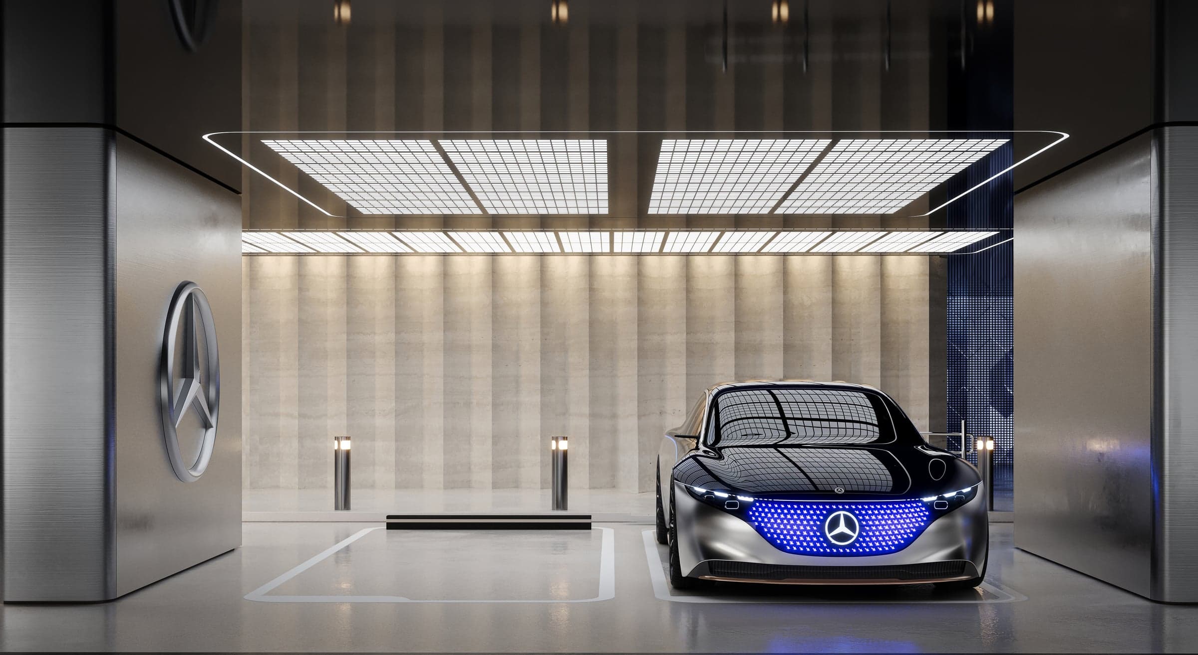 Garaža sa velikom metalnom zvezdom Mercedes-Benza na zidu i konceptnim automobilom sa svetlećom maskom (vizuelizacija)