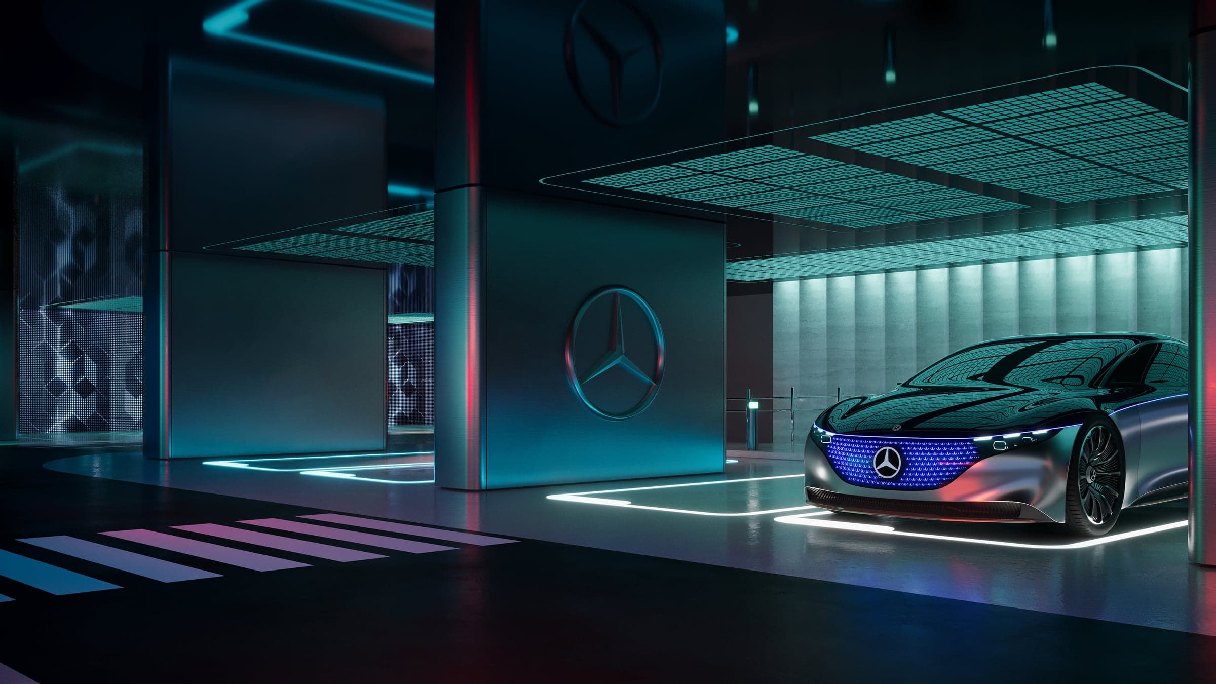 Garaža u tirkiznom svetlu: stubovi sa zvezdom Mercedes-Benza, pešački prelaz i konceptni automobil (vizuelizacija)