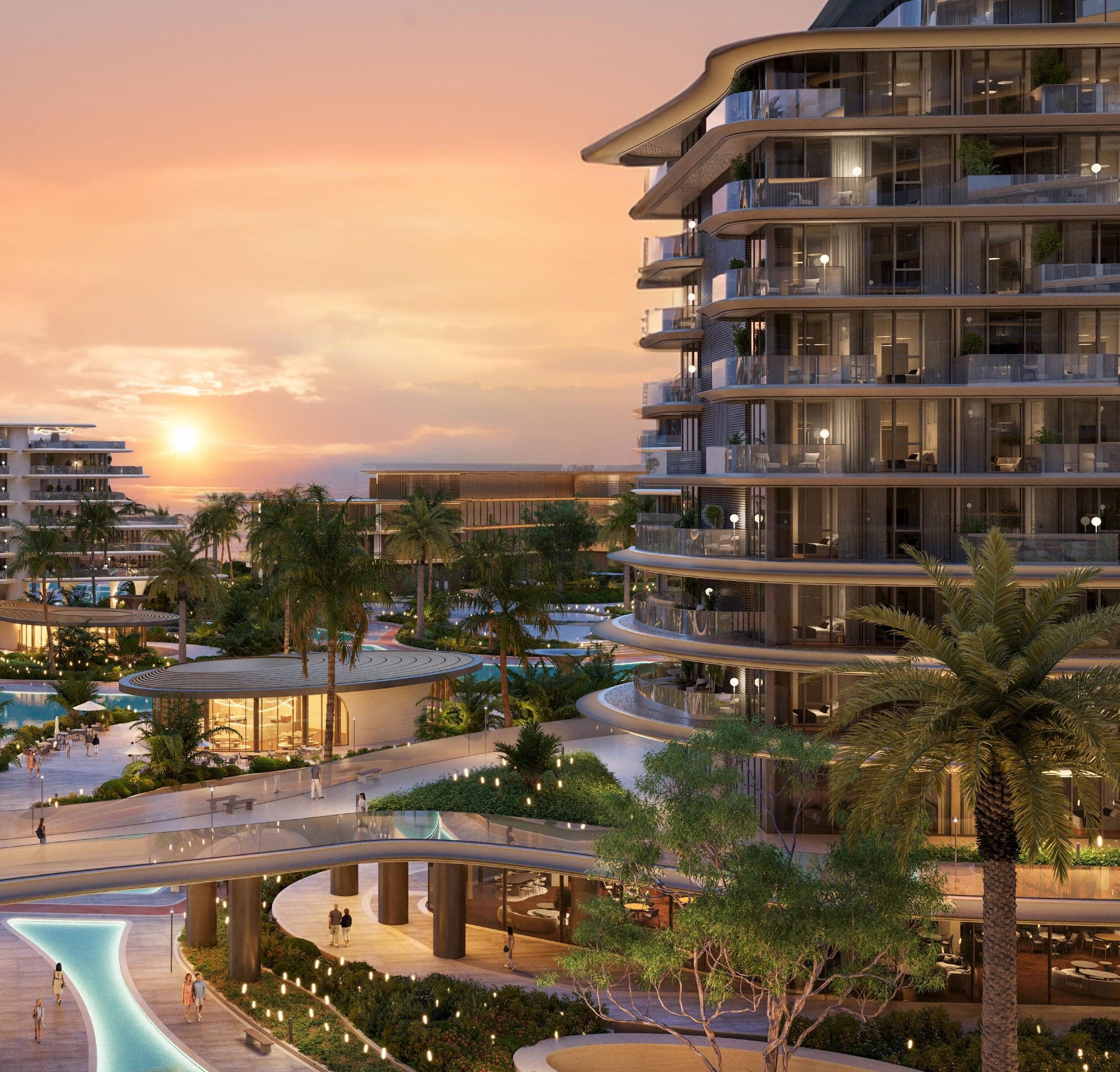 Vizuelizacija projekta Meriva Sunset developera Ellington Properties na Dubai Islands: zgrada sa terasama pri zalasku sunca