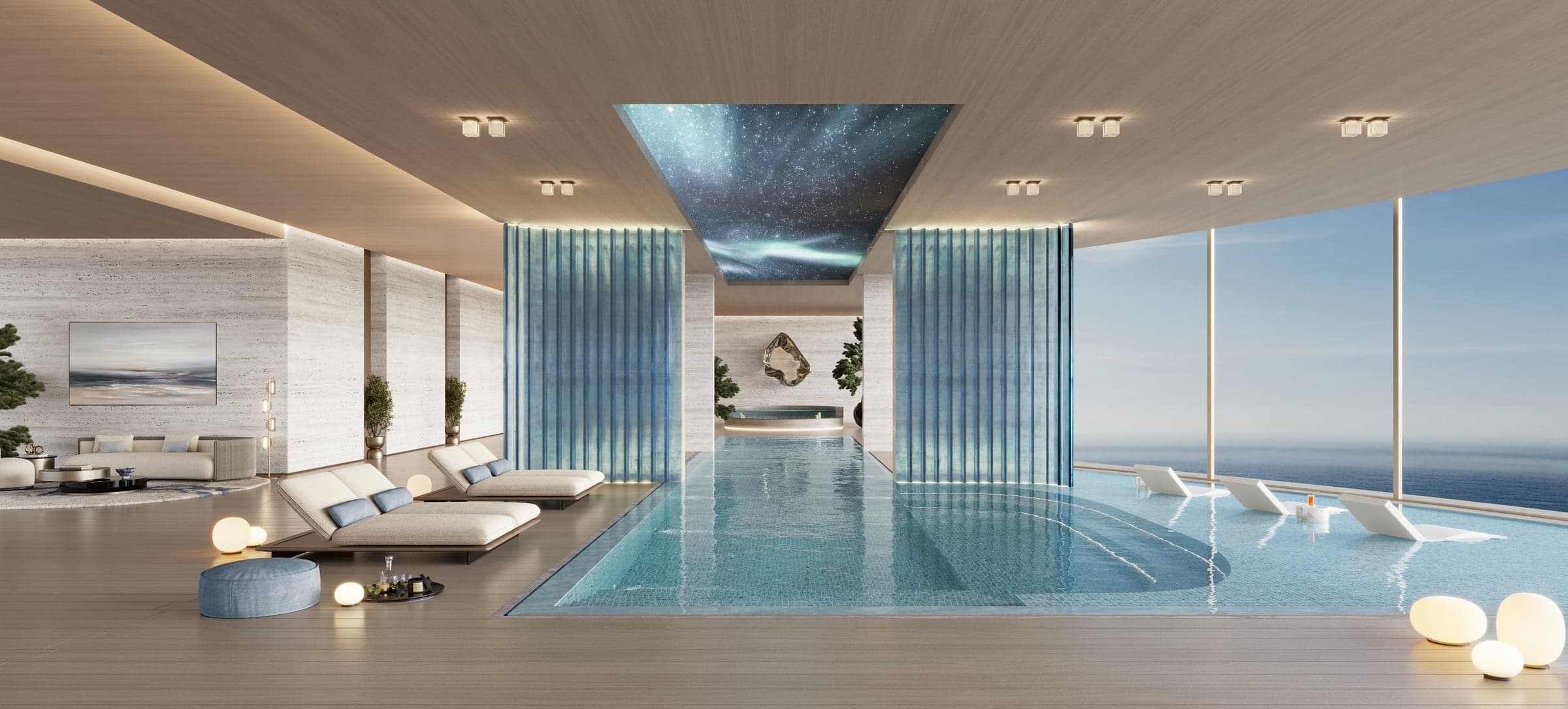 Zatvoreni bazen sa ležaljkama, zvezdanim nebom na plafonu i staklenim zidom prema moru (vizuelizacija)