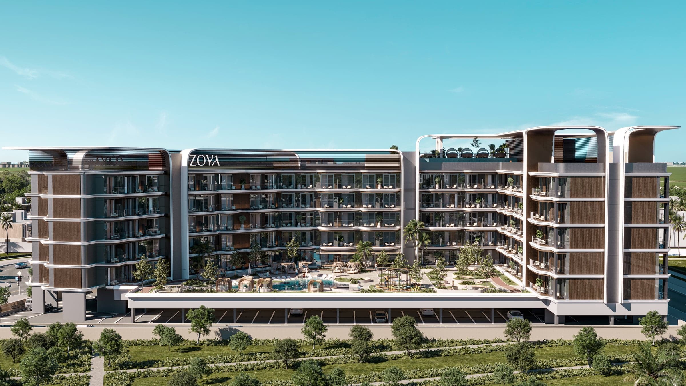 Vizuelizacija projekta Mirari Lagoon developera Zoya u Dubai Industrial City: zgrada sa bazenom i senicama na podijumu