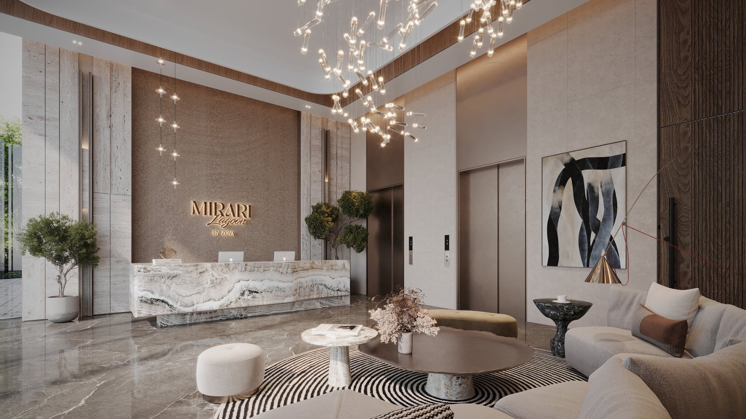 Lobi sa recepcijom: pult od oniksa, natpis Mirari Lagoon, luster, sofa i liftovi (vizuelizacija)