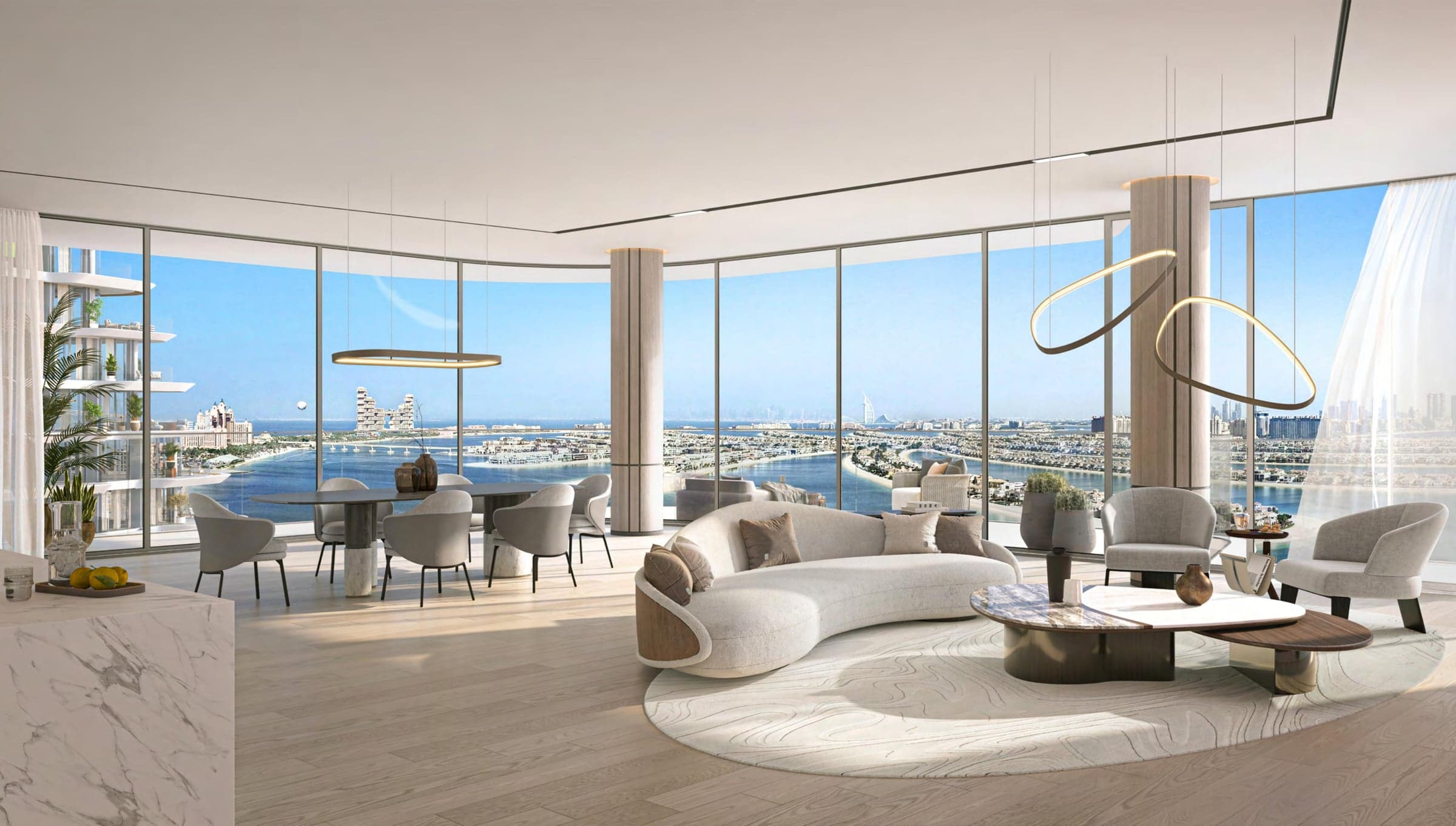 Dnevni boravak penthausa sa pogledom na Palm Jumeirah, Atlantis The Royal i Burj Al Arab (vizuelizacija)
