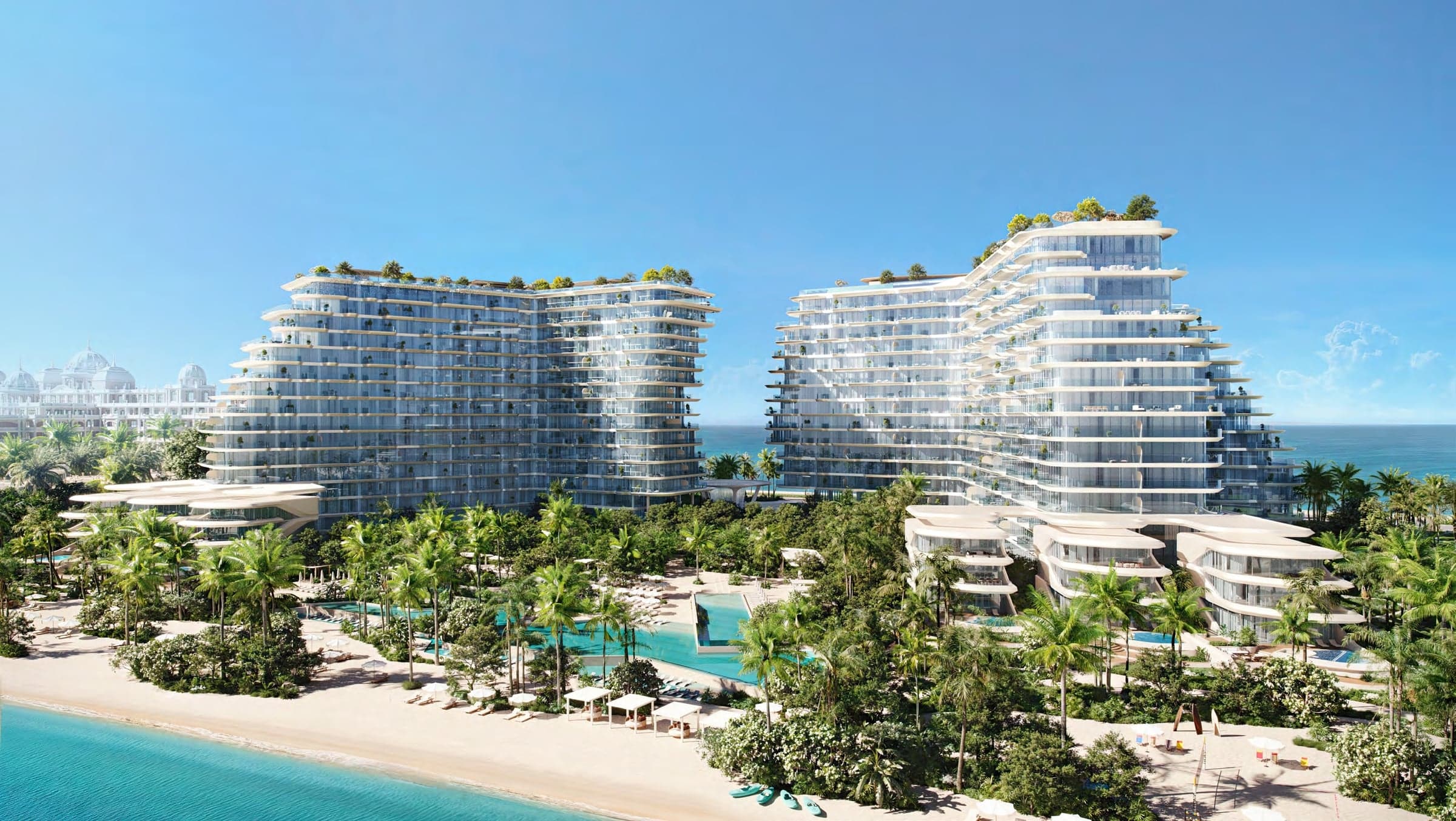 Vizuelizacija projekta Passo developera BEYOND na Palm Jumeirah: kule Avita i Bella sa bazenima i plažom ispred njih