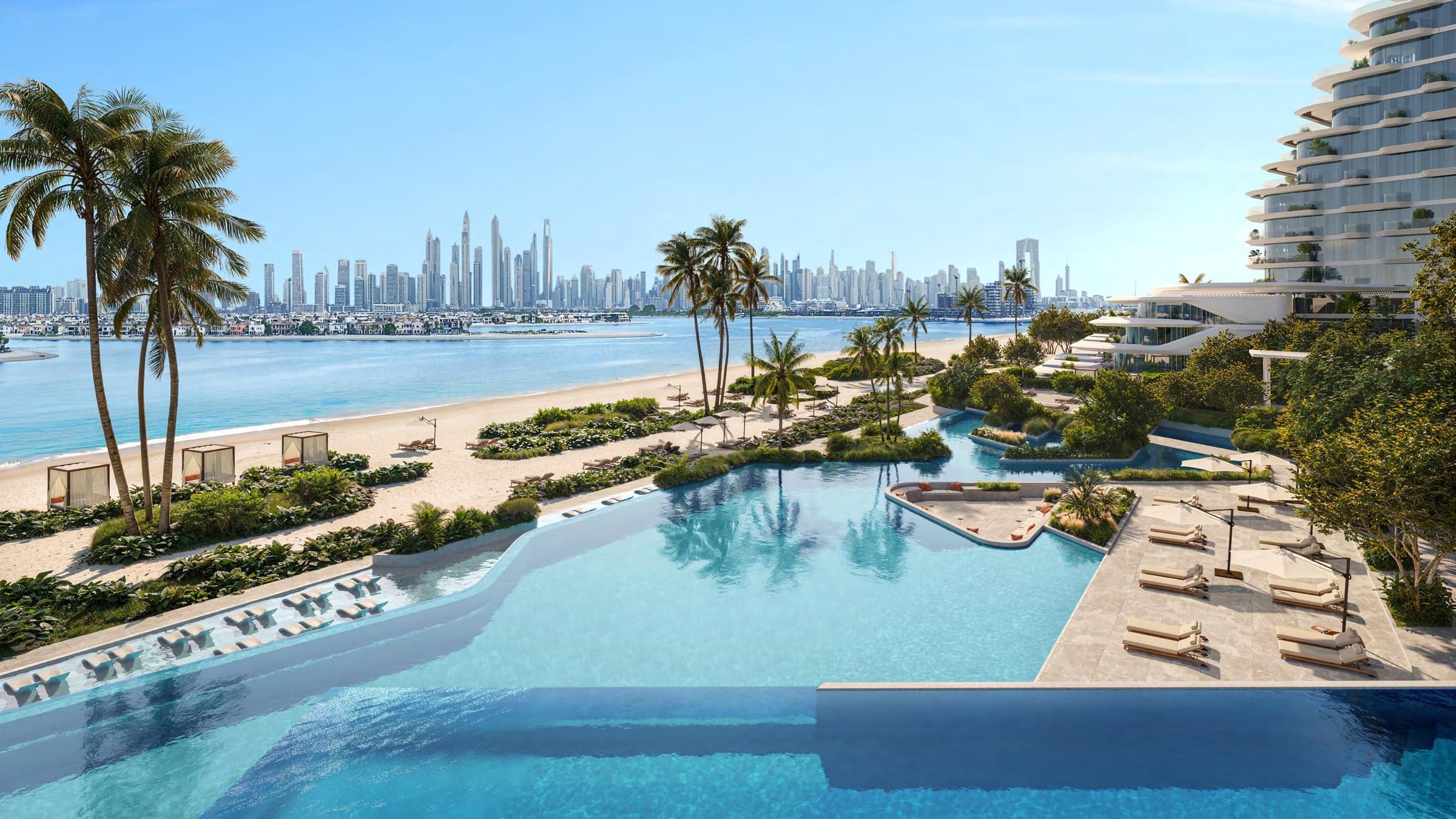 Kaskadni bazeni projekta Passo do plaže sa baldahinima, preko vode silueta Dubai Marine (vizuelizacija)