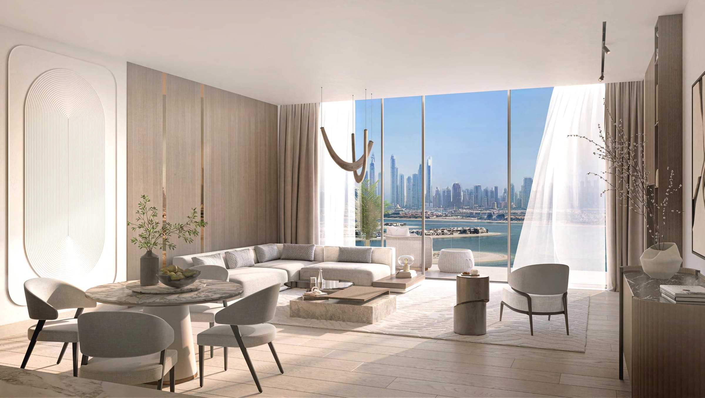 Dnevni boravak sa ugaonom garniturom i okruglim trpezarijskim stolom, kroz prozor silueta Dubai Marine (vizuelizacija)