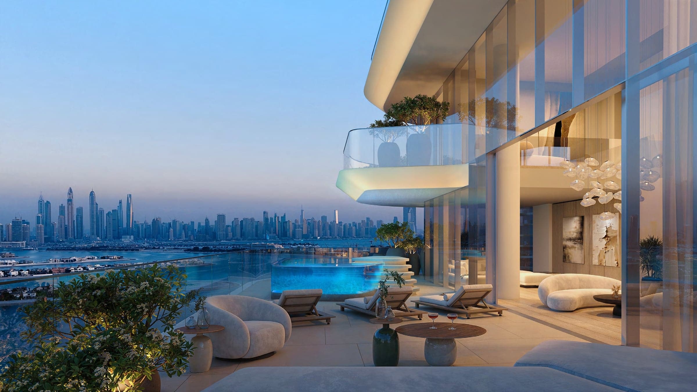 Terasa stana u projektu Passo u sumrak: bazen sa staklenim zidovima, ležaljke i silueta Dubai Marine (vizuelizacija)