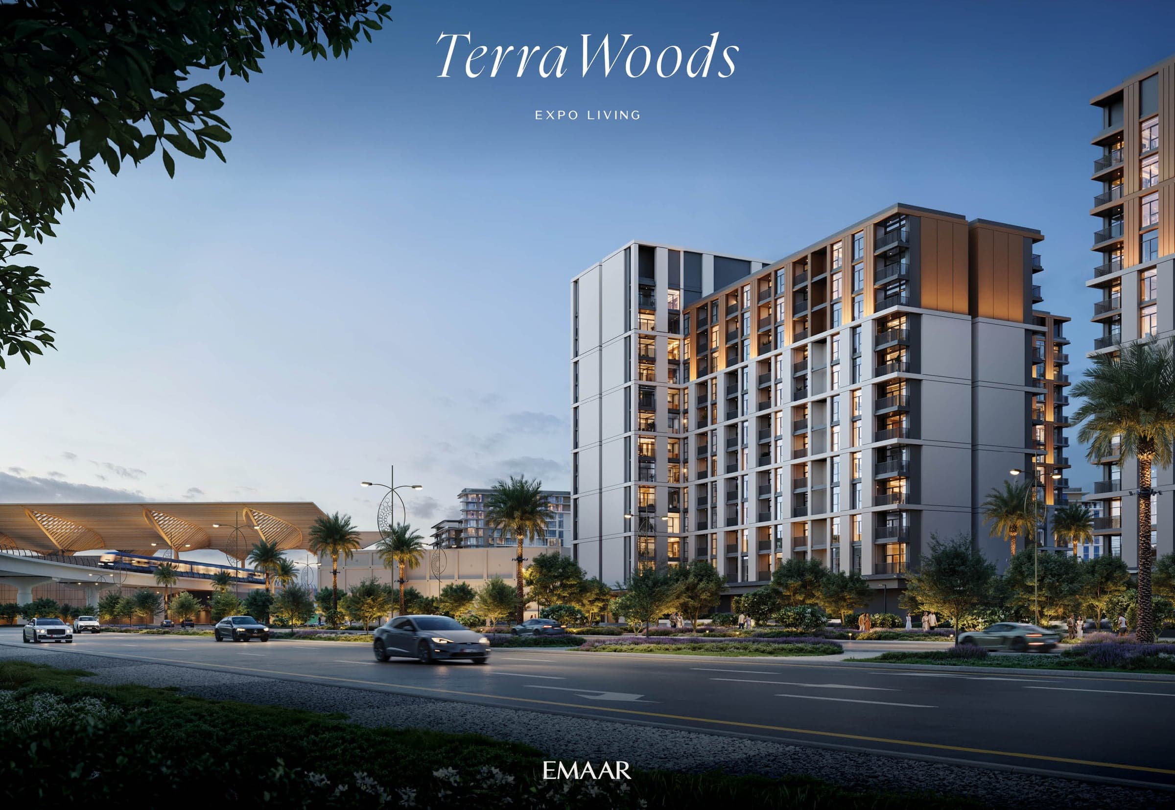 Vizuelizacija projekta Terra Woods developera Emaar u Expo Livingu, pored Expo City Dubai: zgrade i stanica metroa u sumrak