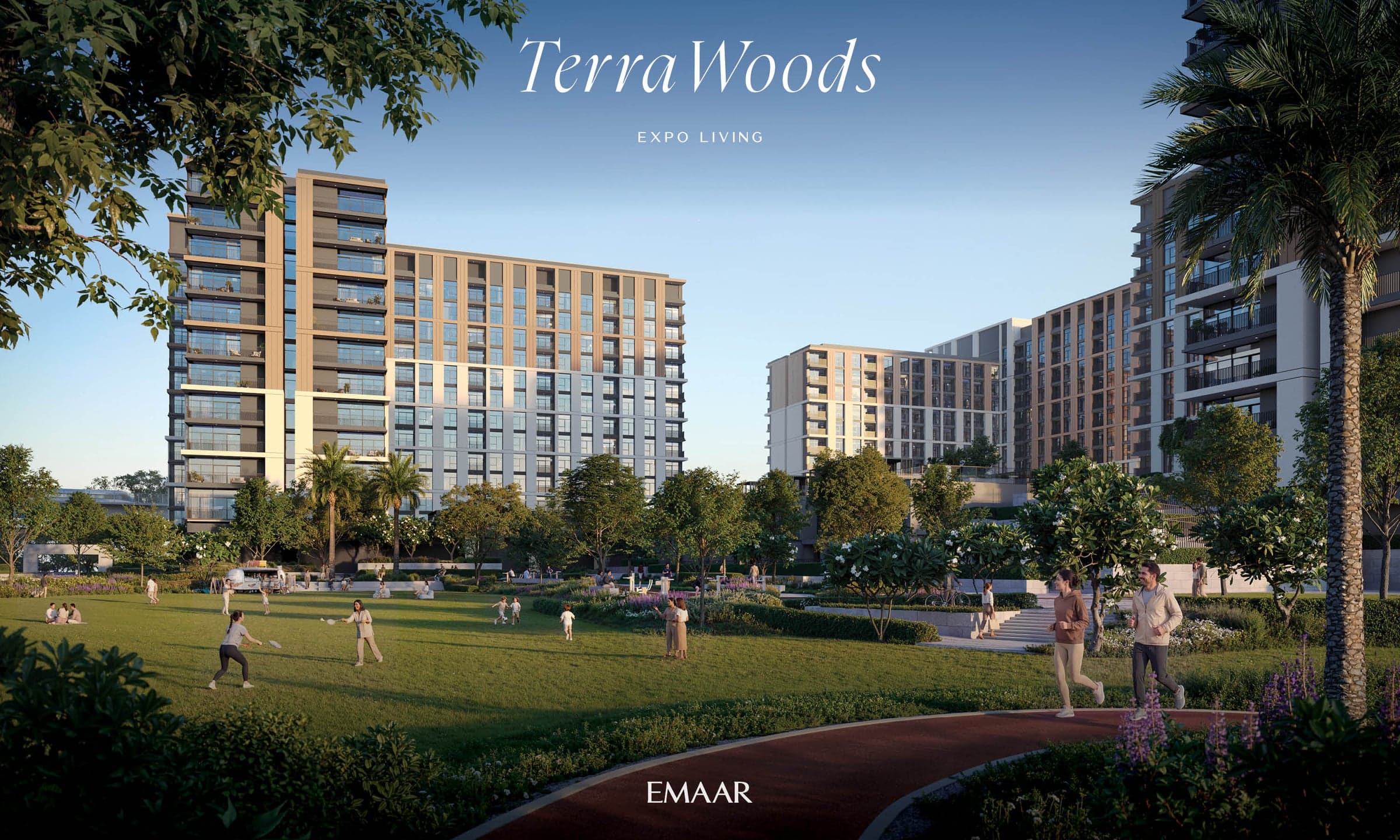 Travnjak i staza za trčanje ispred zgrada u projektu Terra Woods (vizuelizacija)