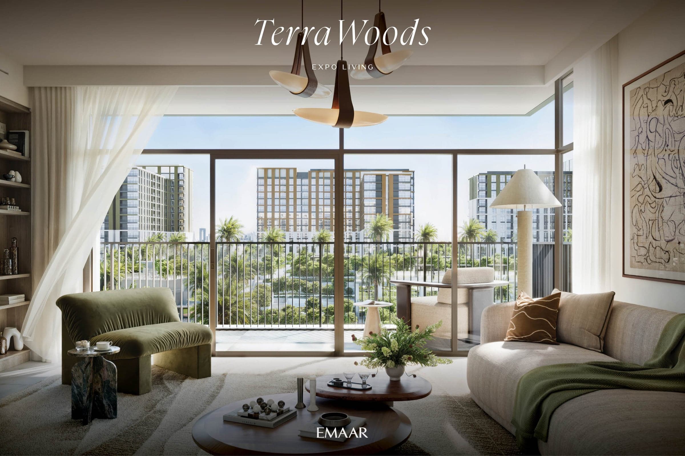 Dnevna soba sa izlazom na balkon i pogledom na zgrade i palme u projektu Terra Woods (vizuelizacija)