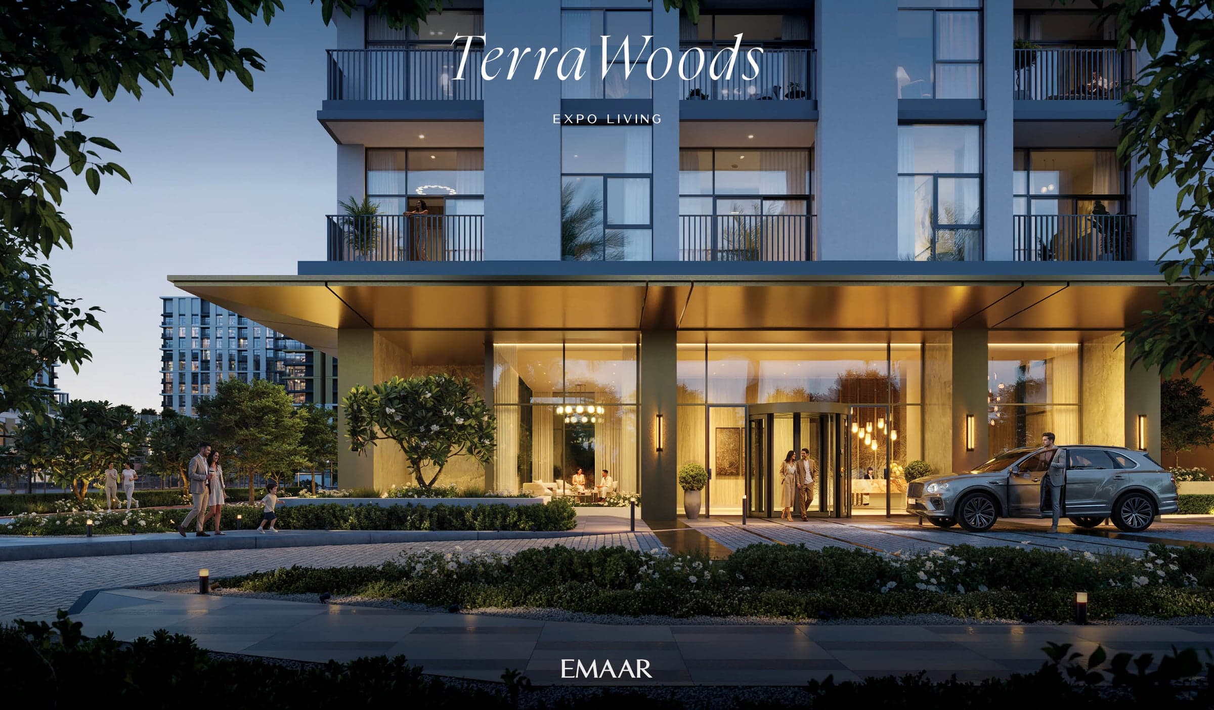 Ulaz u zgradu sa osvetljenom nadstrešnicom i rotirajućim vratima u projektu Terra Woods (vizuelizacija)