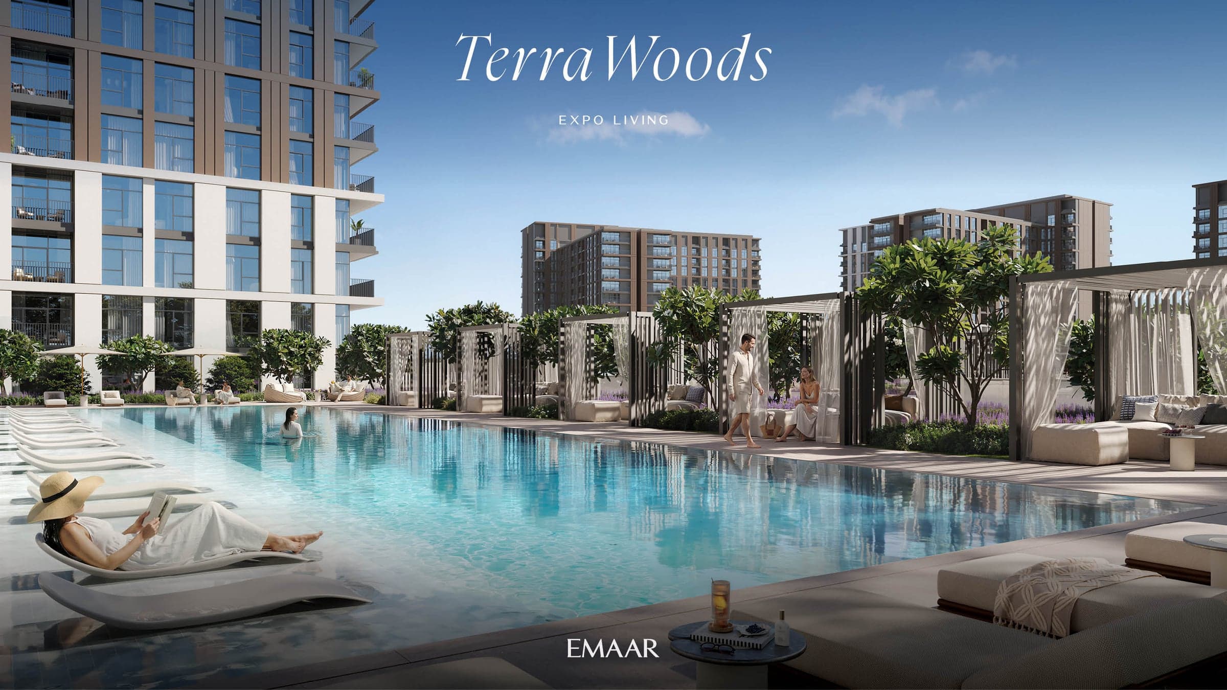 Bazen sa ležaljkama u plićaku i pergolama sa zavesama u projektu Terra Woods (vizuelizacija)