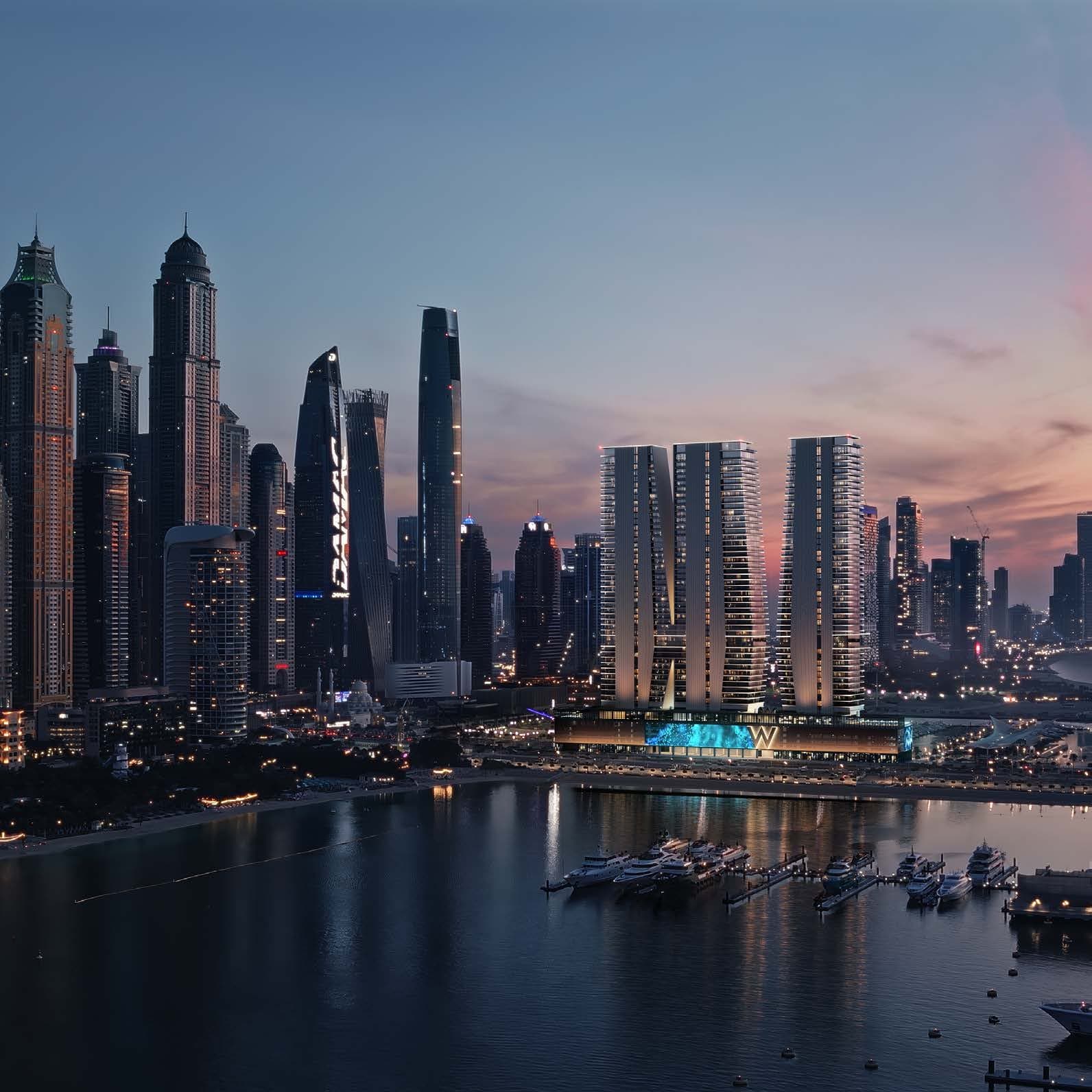 Tri kule W Residences i marina sa jahtama u sumrak, u pozadini neboderi Dubai Marine (vizuelizacija)