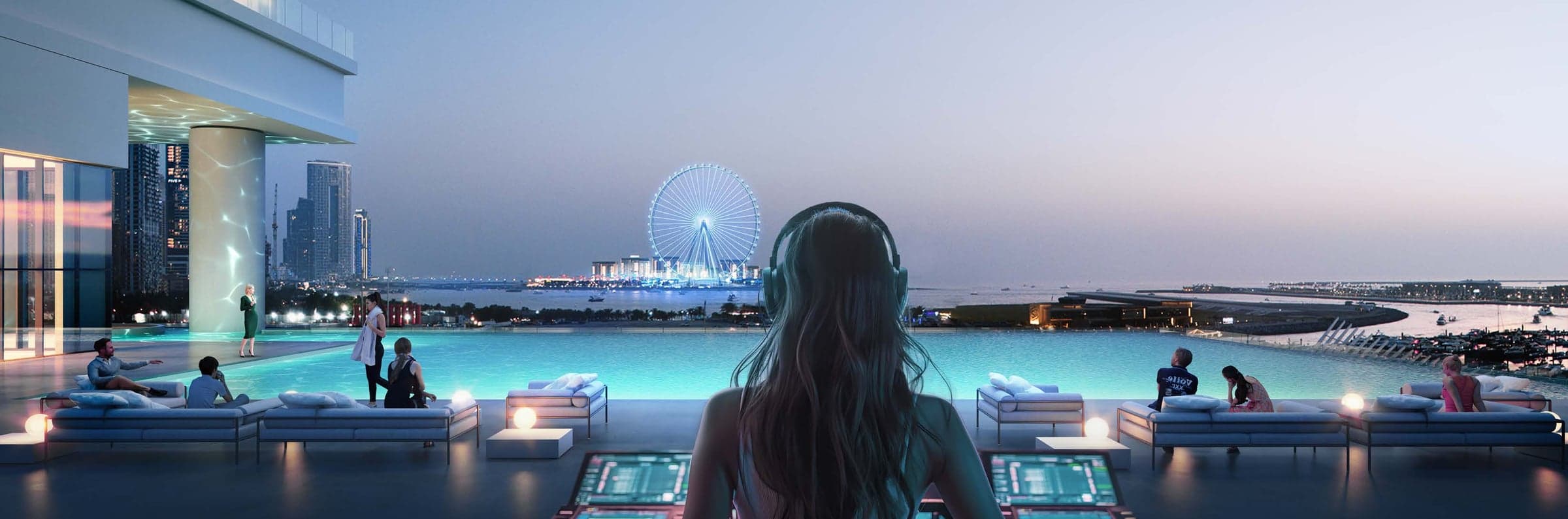 Bazen sa ležaljkama na podijumu W Residences u sumrak, sa pogledom na Ain Dubai (vizuelizacija)