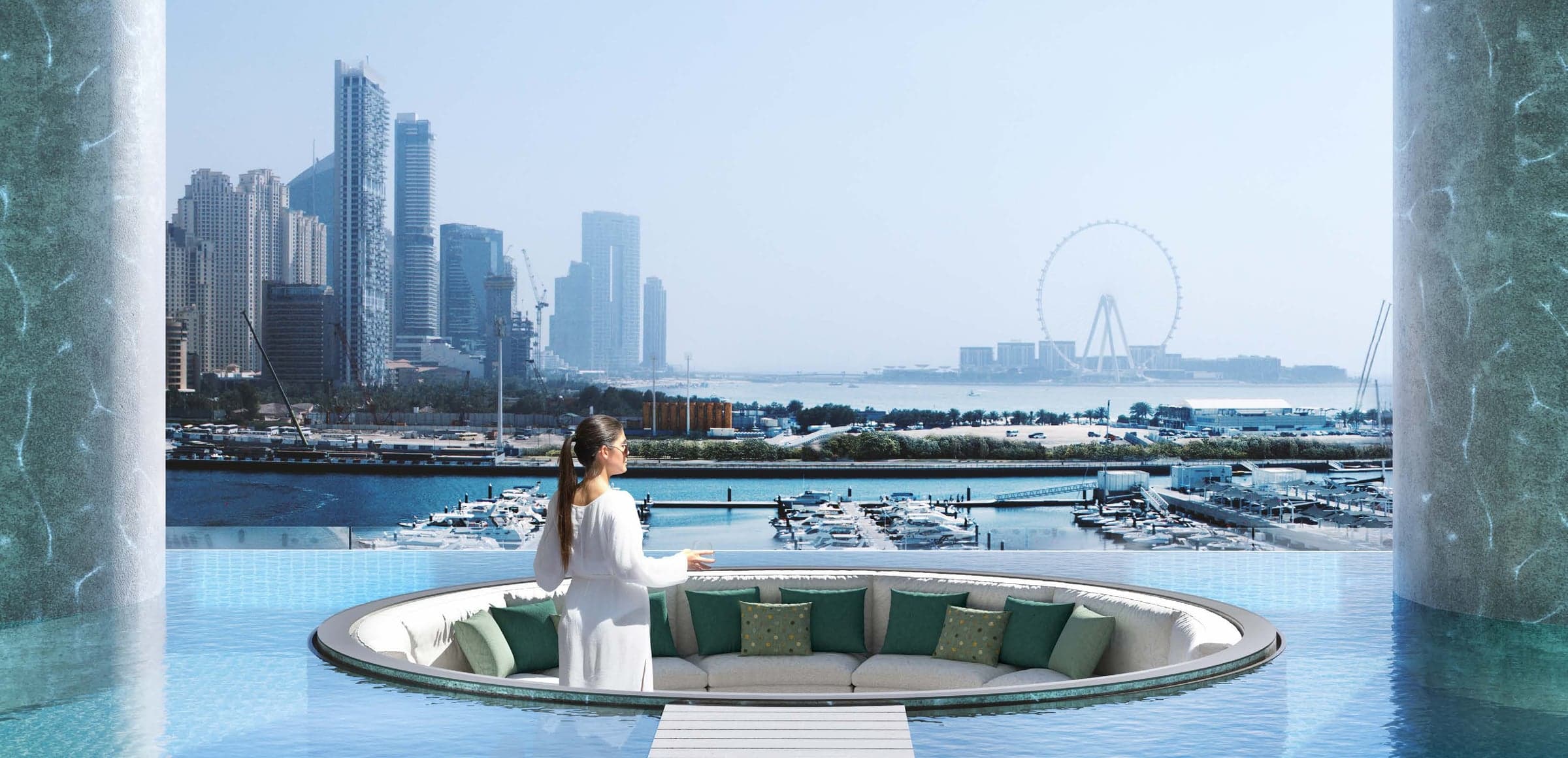 Okrugli kutak za sedenje u bazenu W Residences, sa pogledom na Dubai Marinu i jahte (vizuelizacija)