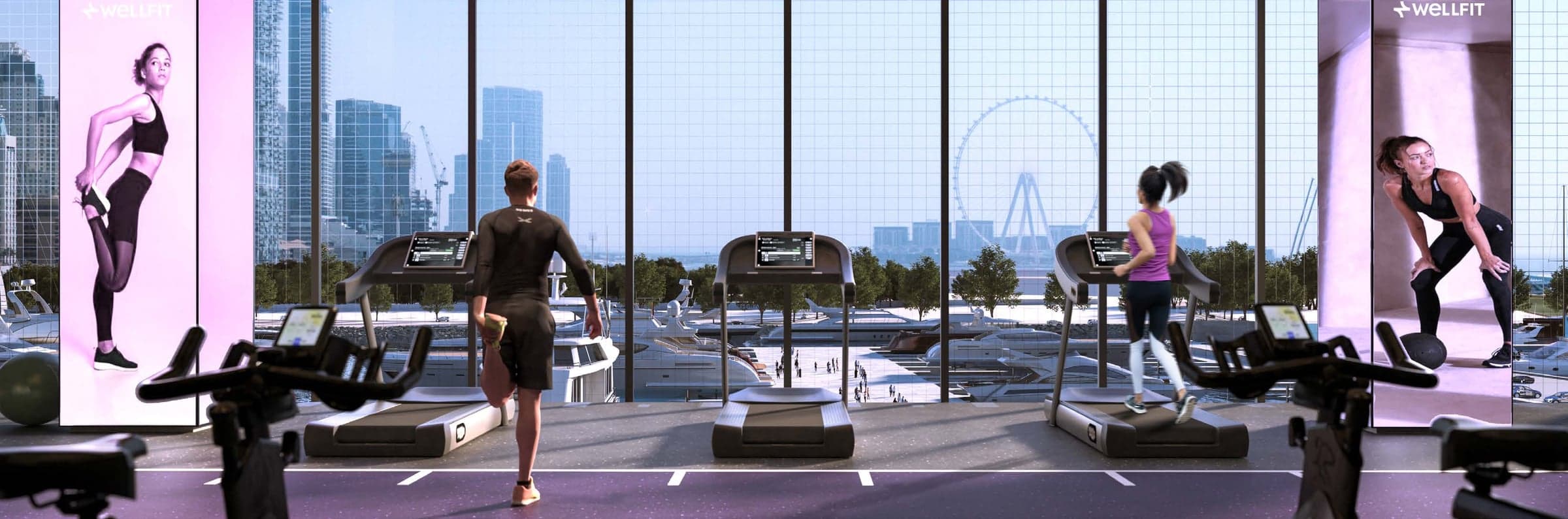 Fitnes centar Wellfit u W Residences, sa trakama za trčanje i pogledom na jahte i Ain Dubai (vizuelizacija)