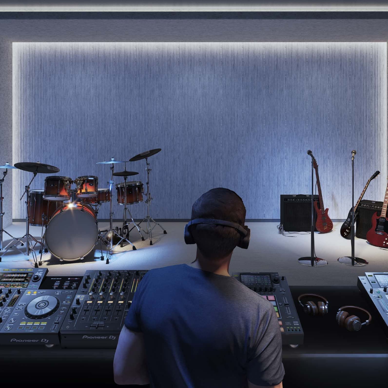 Muzički studio za snimanje sa bubnjevima, gitarama i miksetom u W Residences (vizuelizacija)