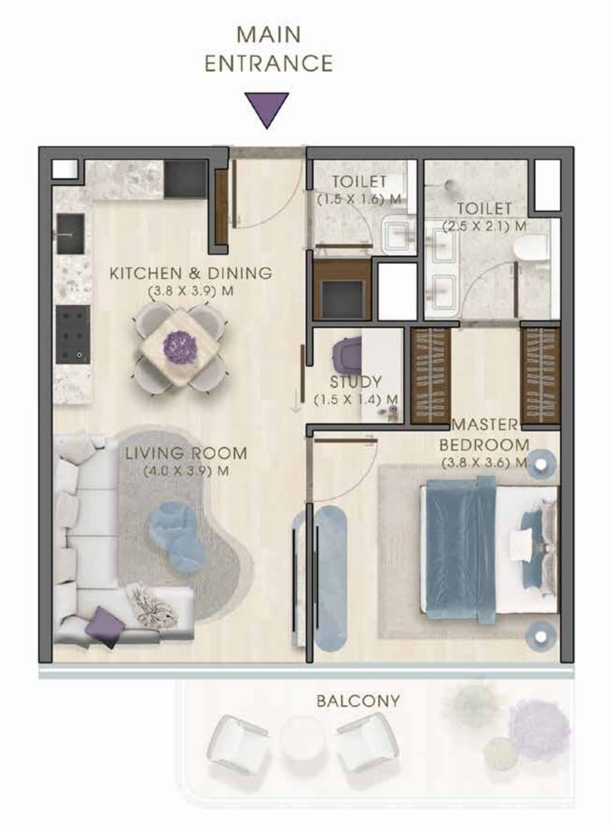 Osnova stana sa jednom spavaćom sobom i radnom sobom, tip 2, u projektu Kaia Residences na Dubai Islands