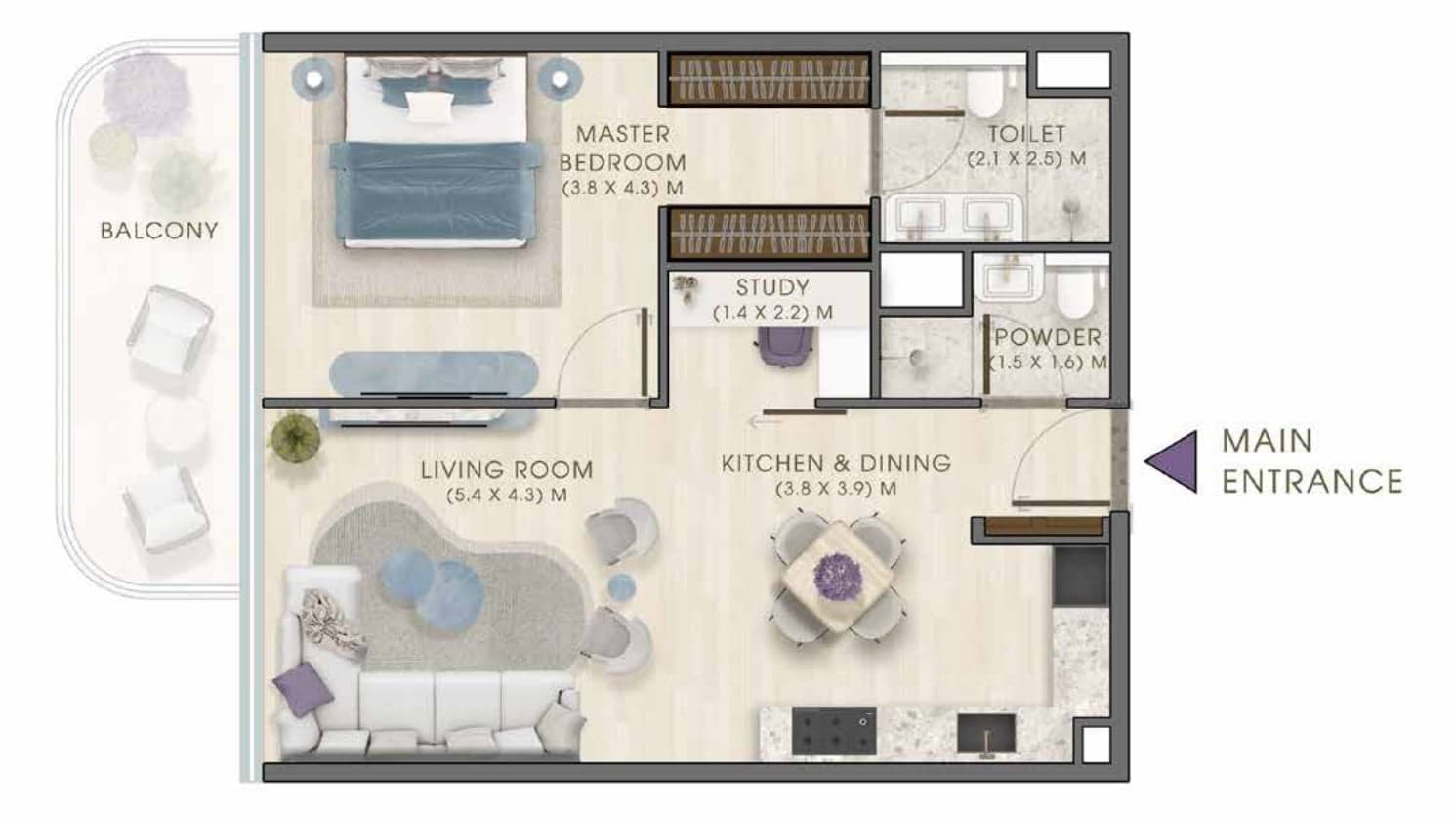 Osnova stana sa jednom spavaćom sobom i radnom sobom, tip 4, u projektu Kaia Residences na Dubai Islands