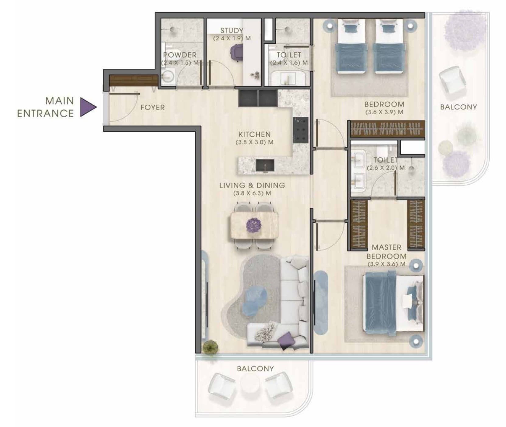 Osnova stana sa dve spavaće sobe i radnom sobom, tip 1, u projektu Kaia Residences na Dubai Islands