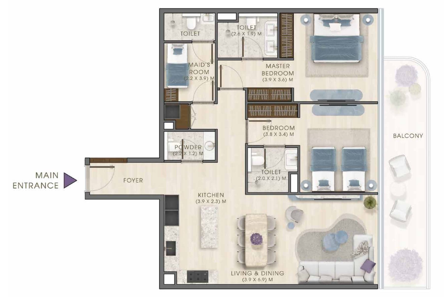 Osnova stana sa dve spavaće sobe i sobom za poslugu, tip 2, u projektu Kaia Residences na Dubai Islands