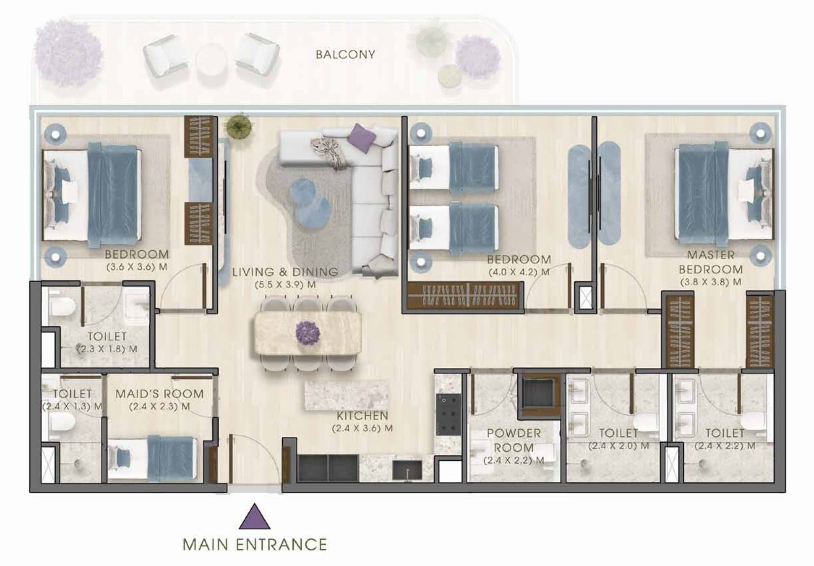 Osnova stana sa tri spavaće sobe i sobom za poslugu u projektu Kaia Residences na Dubai Islands