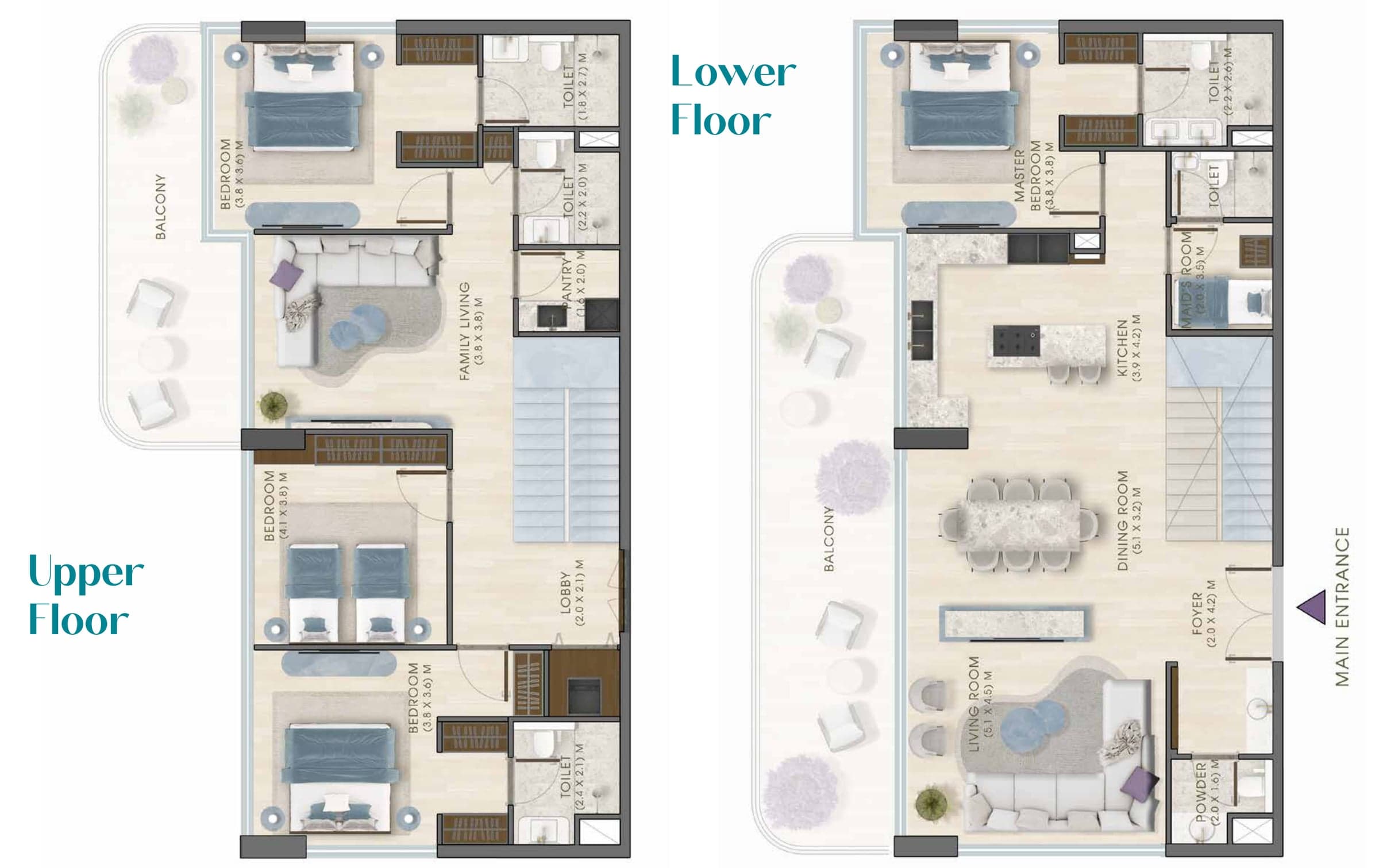 Osnova dupleks penthausa sa četiri spavaće sobe, donji i gornji nivo, u projektu Kaia Residences na Dubai Islands