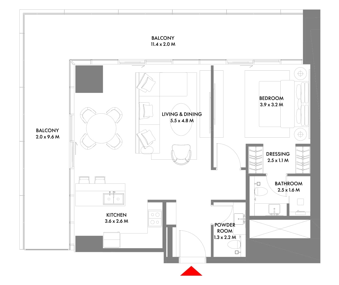 Osnova stana sa jednom spavaćom sobom, tip B, u kuli 3 projekta W Residences at Dubai Harbour