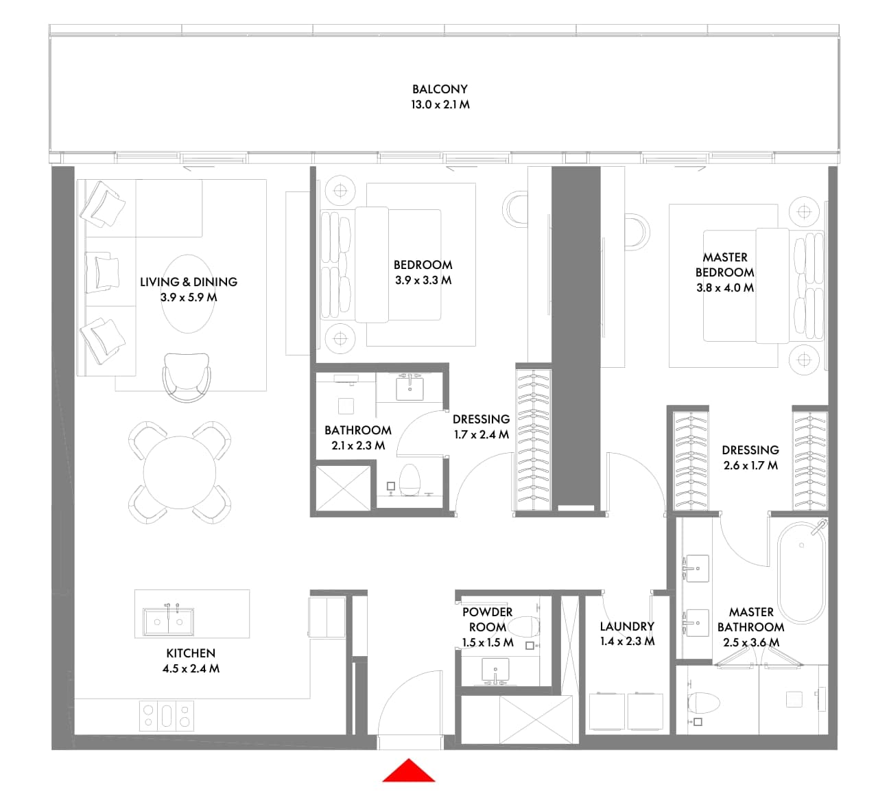 Osnova stana sa dve spavaće sobe, tip A, u kuli 3 projekta W Residences at Dubai Harbour