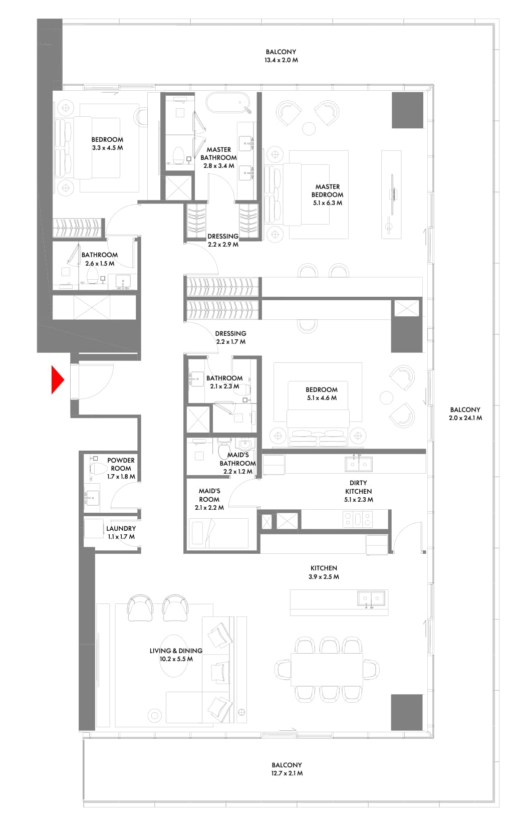 Osnova stana sa tri spavaće sobe i sobom za poslugu, tip B, u kuli 3 projekta W Residences at Dubai Harbour